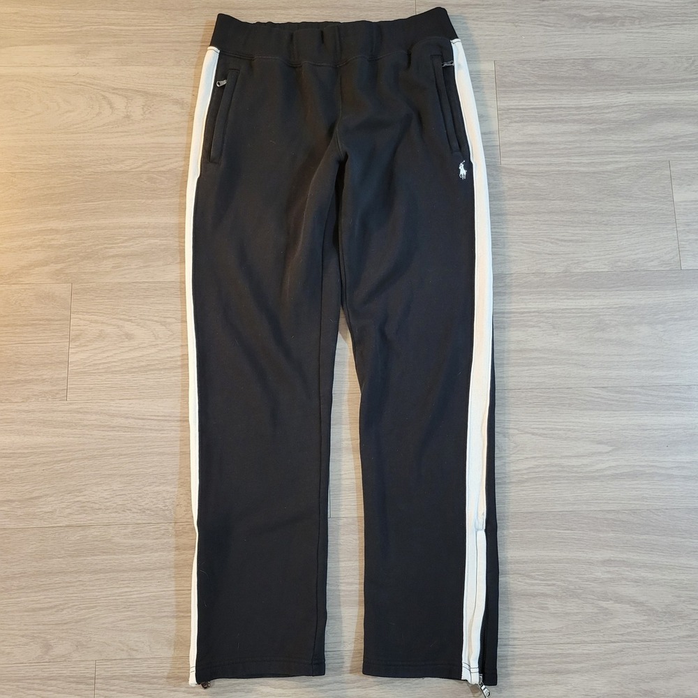 Polo Ralph Lauren Mens Track Pants Black White Side Stripe Ankle Zip Fleece S